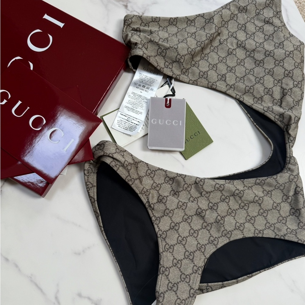 Gucci Beige GG Monogram Bandeau Bikini Set with Black Lining